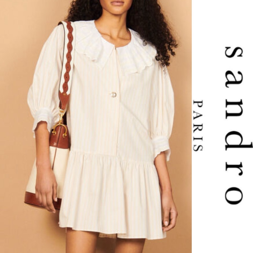 Sandro White Cinta Gathered Striped Cotton Mini Shirt Dress*NWT